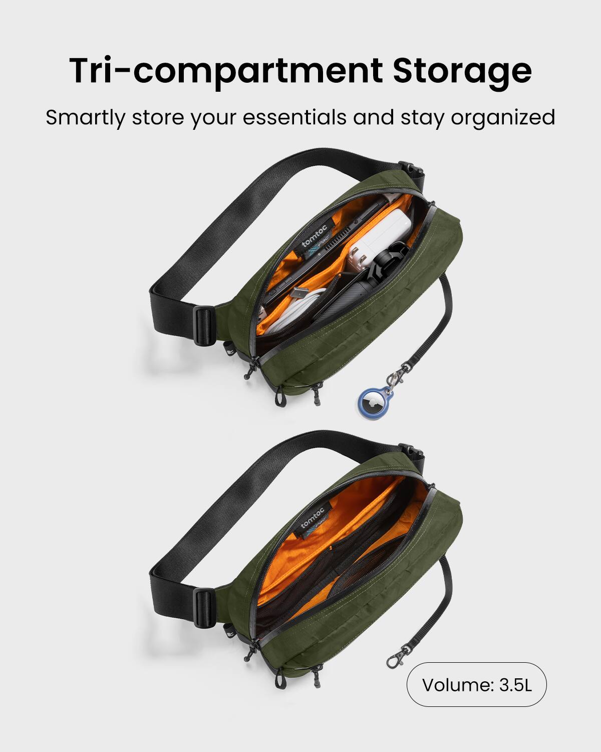 Tri-compartment Storage Smartly store your essentials and stay organized tomtoc n 0 tomtoc Volume: 3.5L