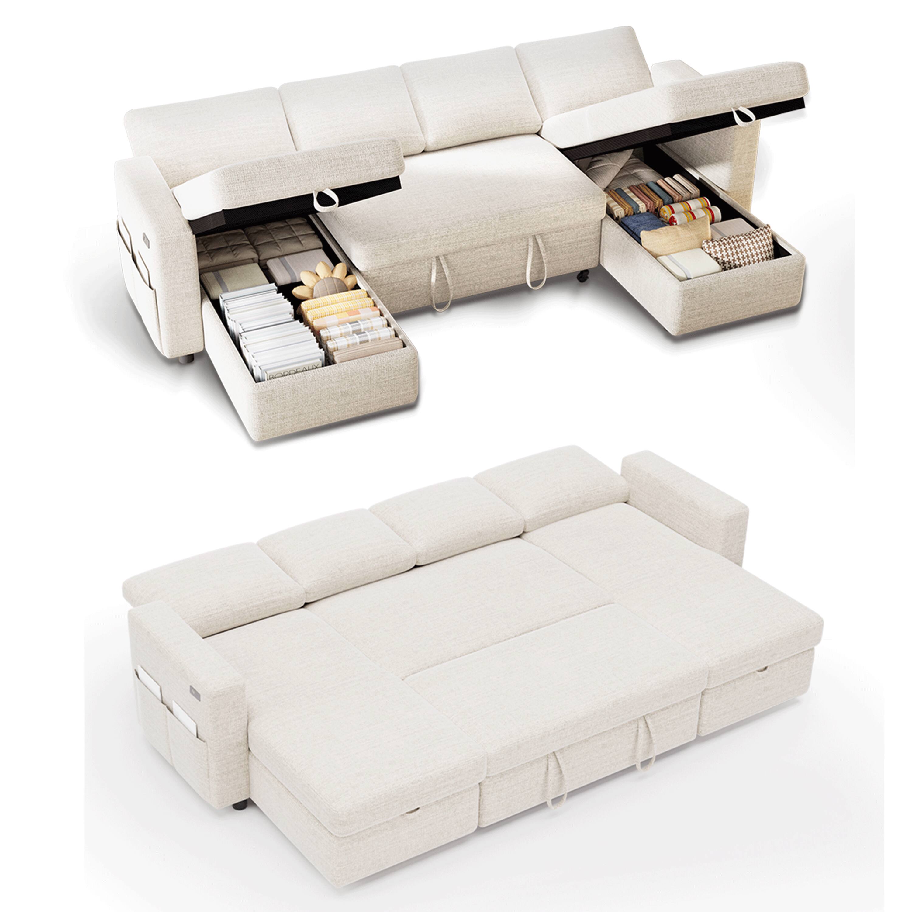 Back. Dyonery - Dyonery 105-inch four-seat pull-out bed with storage space and side pockets, adjustable backrest, convertible sofa bed - beige.