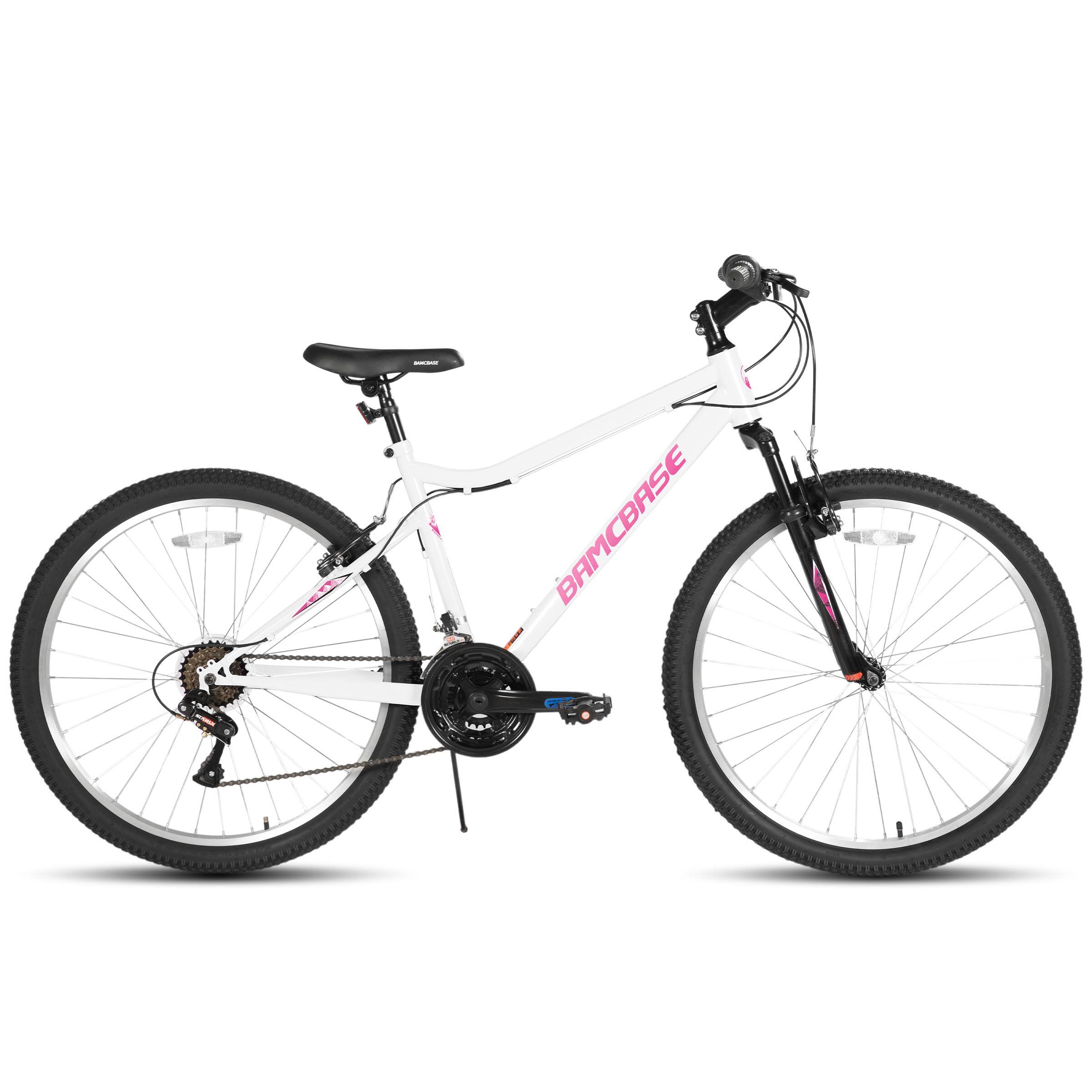 Left. HILAND - BAMCBASE Lilac 26 inches Mountain Bike for Women, 18-Speed High-Tensile Steel Frame, Suspension Fork, White - white.