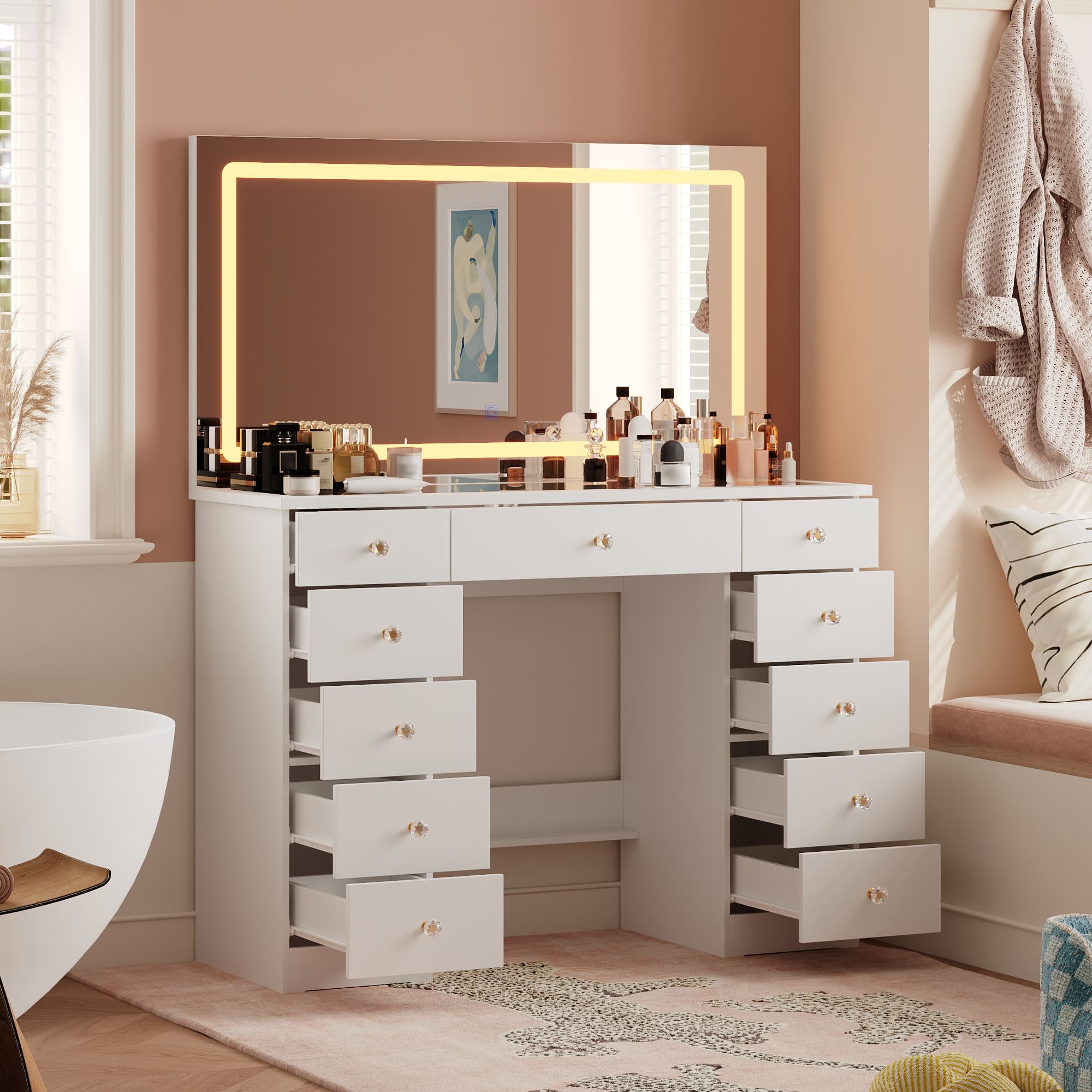 Famapy - Large LED Vanity Desk with Oversized Illuminated Mirror, 3 - Color Lighting, Ample Storage Drawers & Crystal Knobs - White