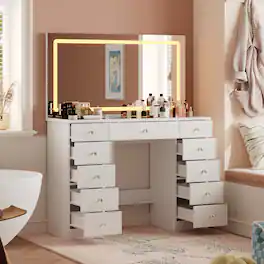 Famapy - Large LED Vanity Desk with Oversized Illuminated Mirror, 3 - Color Lighting, Ample Storage Drawers & Crystal Knobs - White