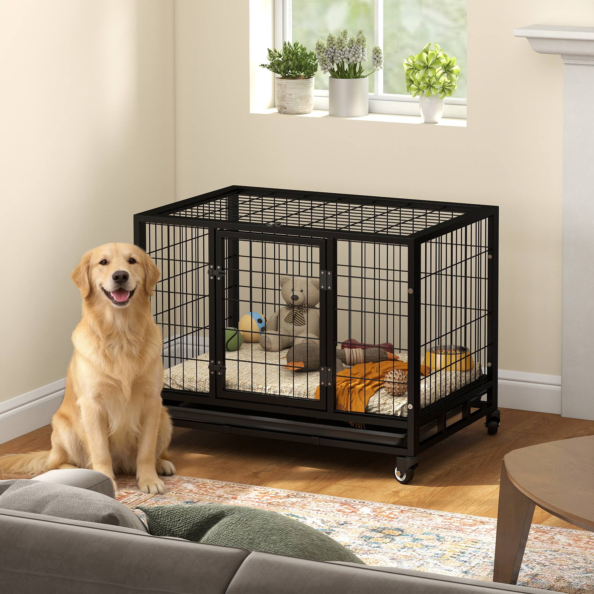 Alt View 1. Pawhut - Heavy Duty Dog Crate with Removable Tray, Lockable Wheels and Double Door.