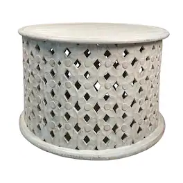 Manhattan Lane - Cato 28 Inch Artisanal Round Mango Wood Coffee Table, Intricate Diamond Lattice Cut Out Frame - White
