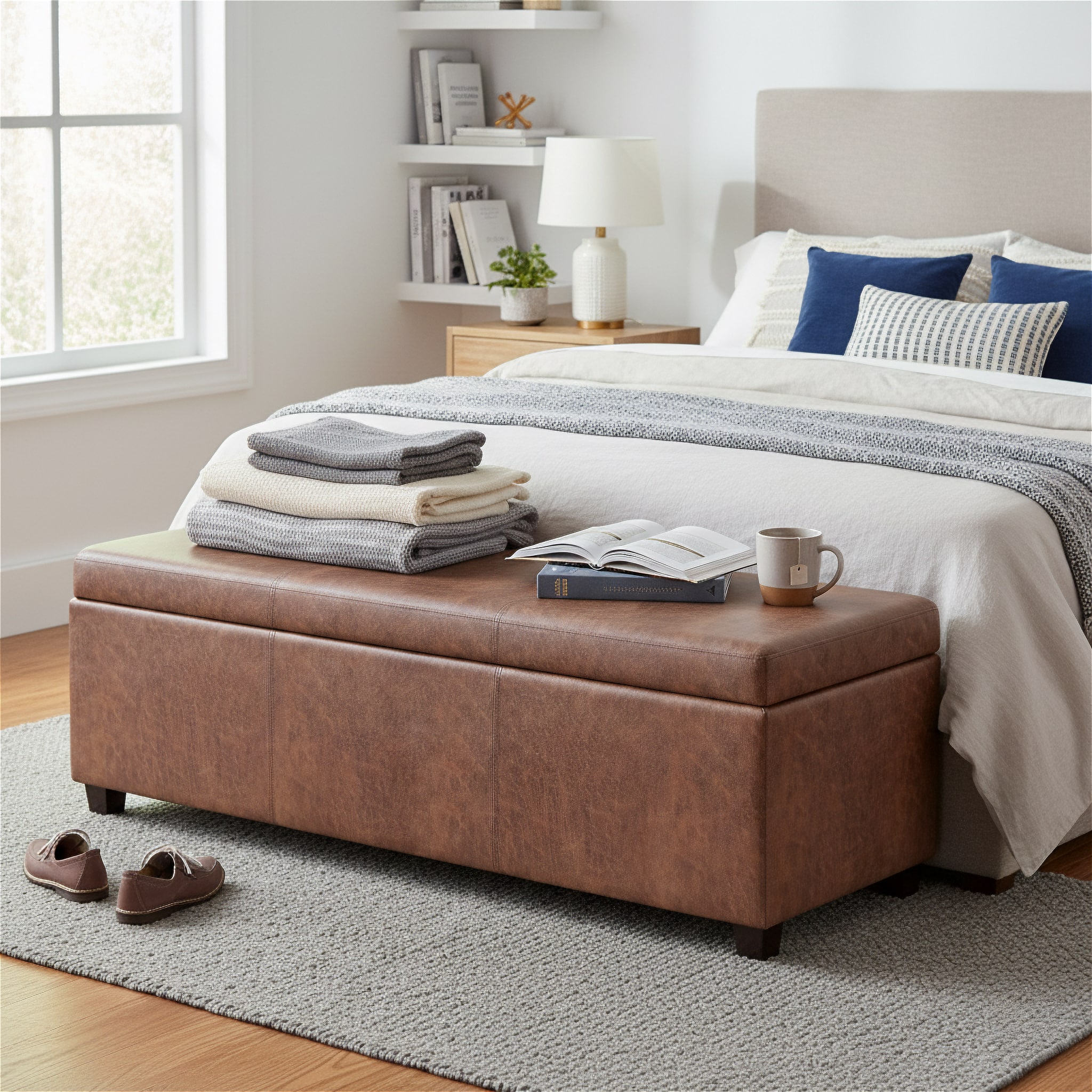 Simpli Home - Avalon 54 inch Wide Upholstered Solid Wood Rectangular Ottoman Bench - Distressed Pecan Brown