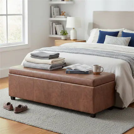 Front. Simpli Home - Avalon 54 inch Wide Upholstered Solid Wood Rectangular Ottoman Bench, Distressed Pecan Brown - Distressed Pecan Brown.