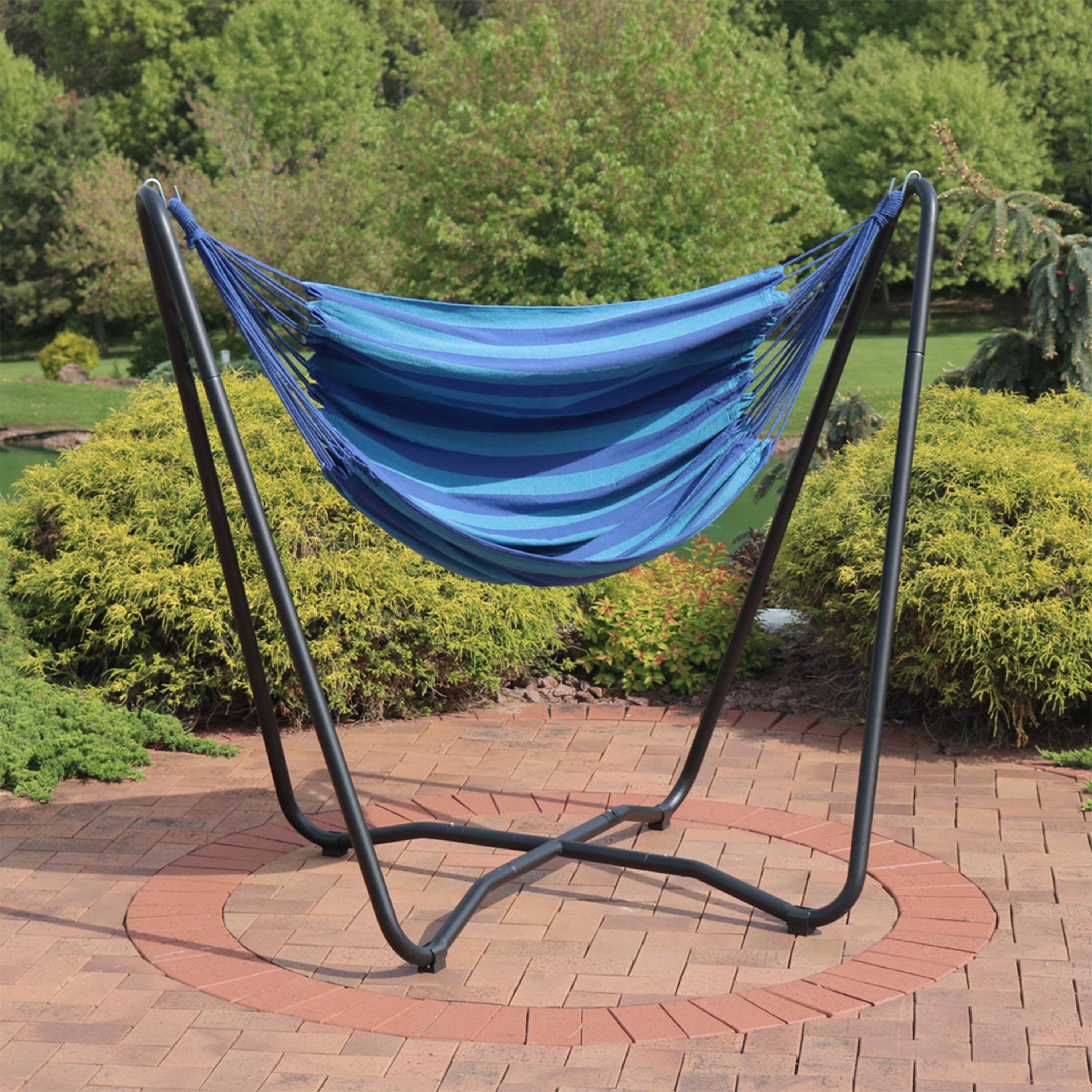 Alt View 4. Sunnydaze - Cotton Hammock Chair with Space Saving Steel Stand - Beach Oasis.