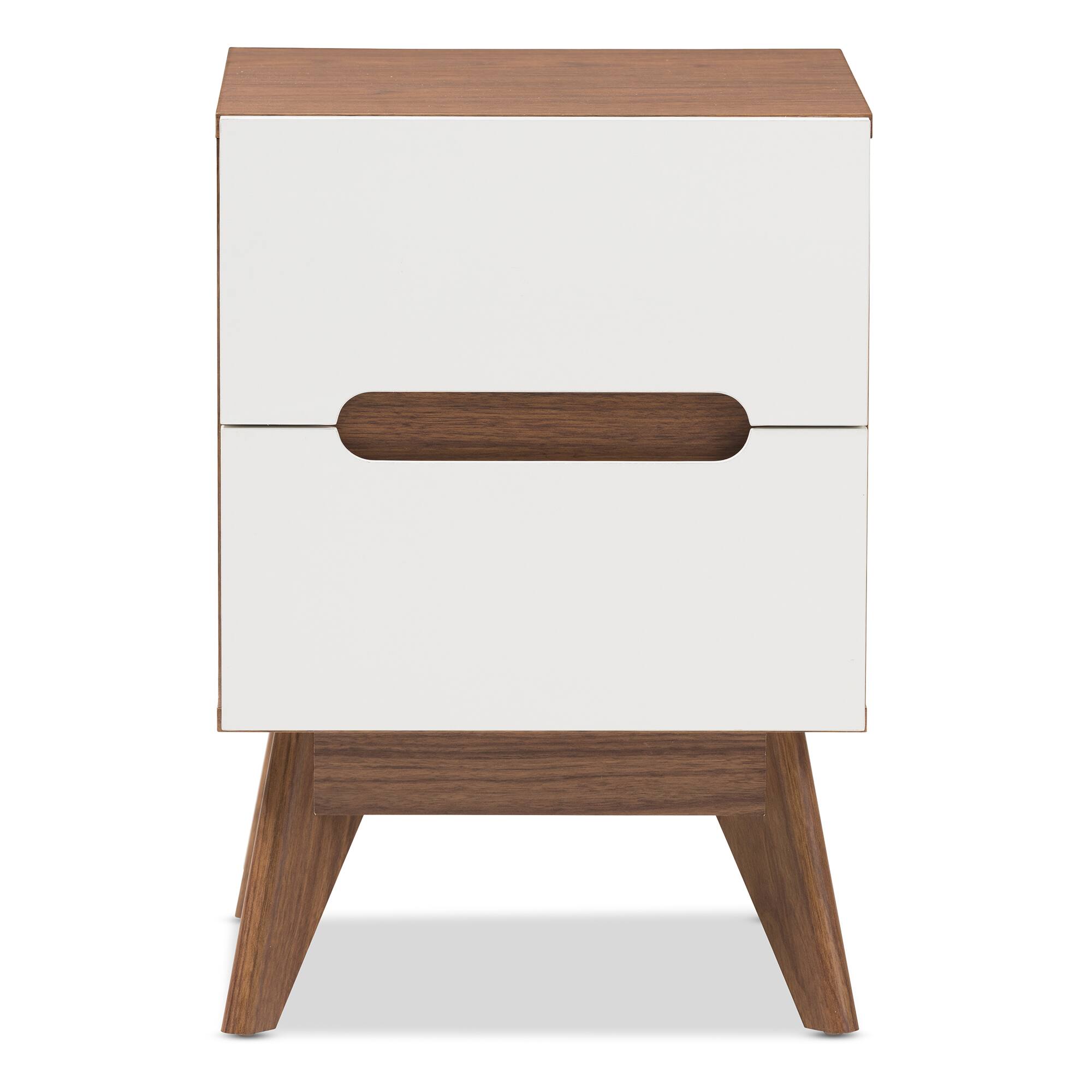 Left. Baxton Studio - Calypso Mid-Century Modern Wood 2-Drawer Storage Nightstand - White/"Walnut" Brown.