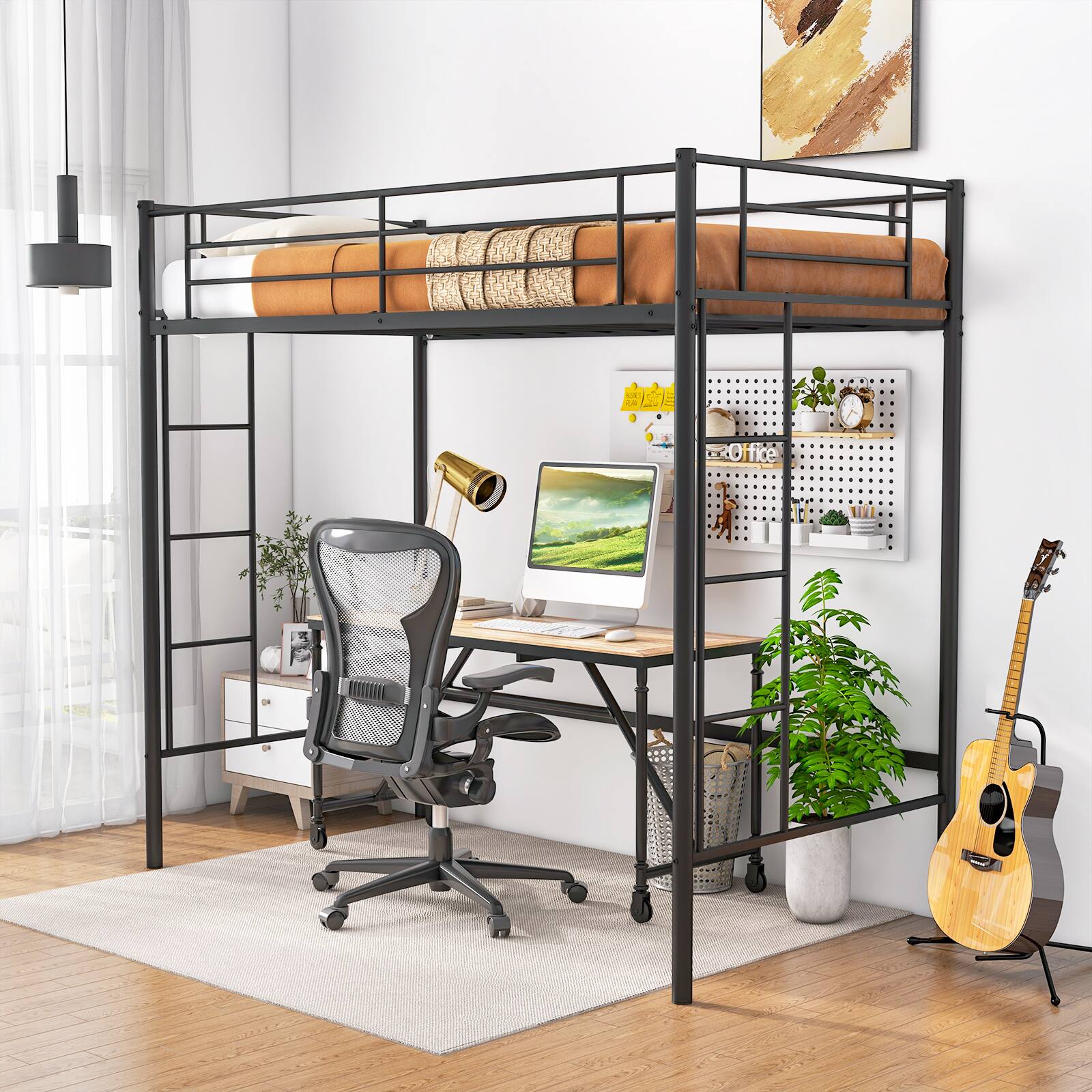 Alt View 1. Costway - Twin Size Loft Bed Heavy Duty Metal Loft Bed Frame with Safety Guardrail - Black.
