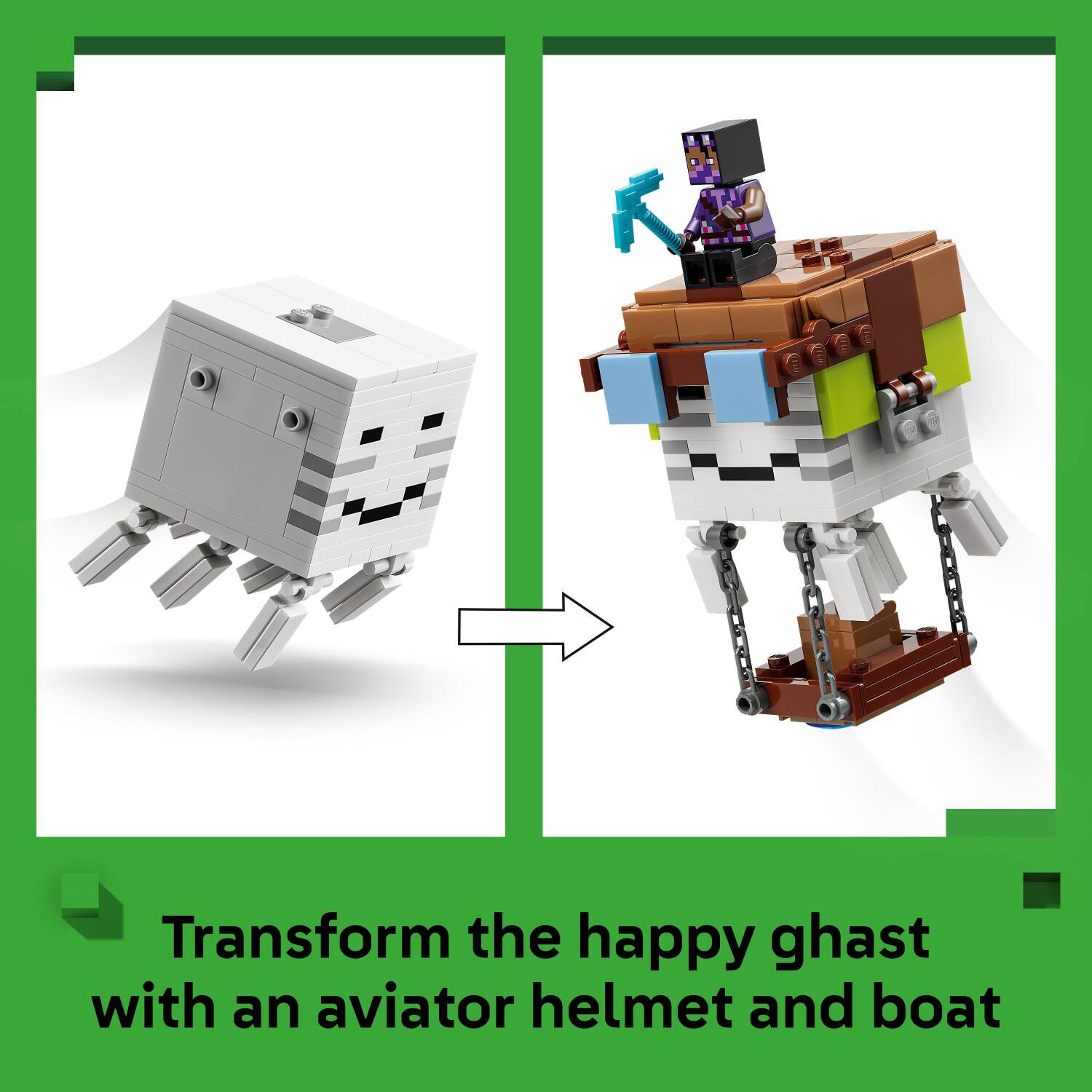 Transform the happy ghast with an aviator helmet and boat