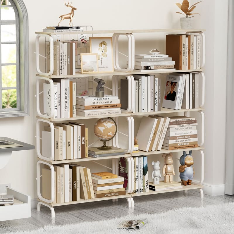 HTUTWOO - 5-Tier Industrial Bookshelf, with Open Wood & Metal Design, Large Storage & Stable, for Living Room Bedroom Home Office - White