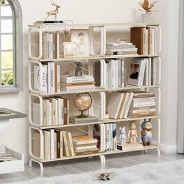 HTUTWOO - 5-Tier Industrial Bookshelf, with Open Wood & Metal Design, Large Storage & Stable, for Living Room Bedroom Home Office - White