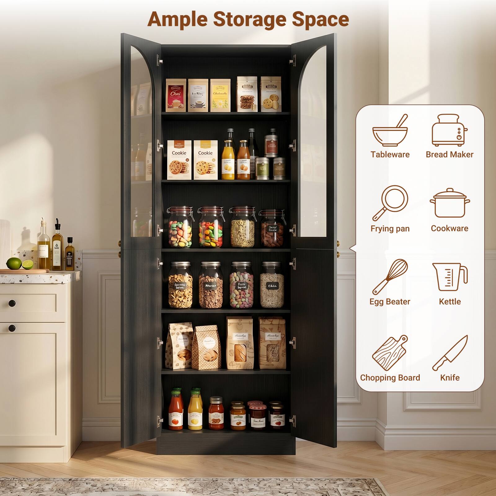 Ample Storage Space  
- Tableware  
- Bread Maker  
- Frying pan  
- Cookware  
- Egg Beater  
- Kettle  
- Chopping Board  
- Knife