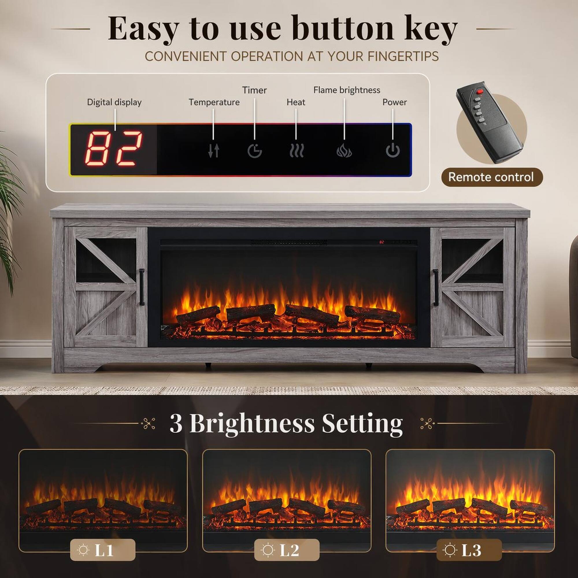 Easy to use button key  
CONVENIENT OPERATION AT YOUR FINGERTIPS  

Digital display  
Timer  
Temperature  
Flame brightness  
Heat  
Power  

Remote control  
3 Brightness Setting  

Aatrus SGRkE  
L1  
L2  
L3
