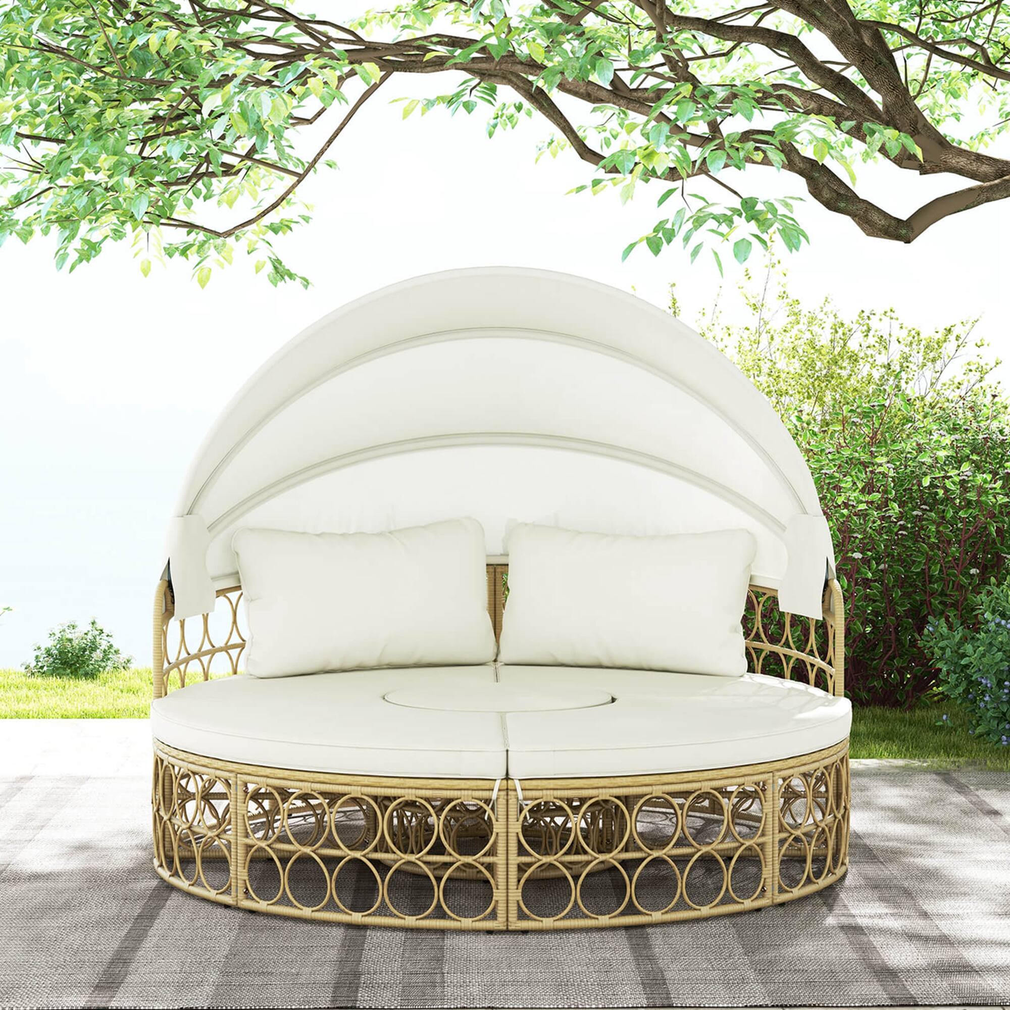 Alt View 3. Costway - Outdoor Patio Round Daybed with Retractable Canopy Soft Cushions for Garden - White.