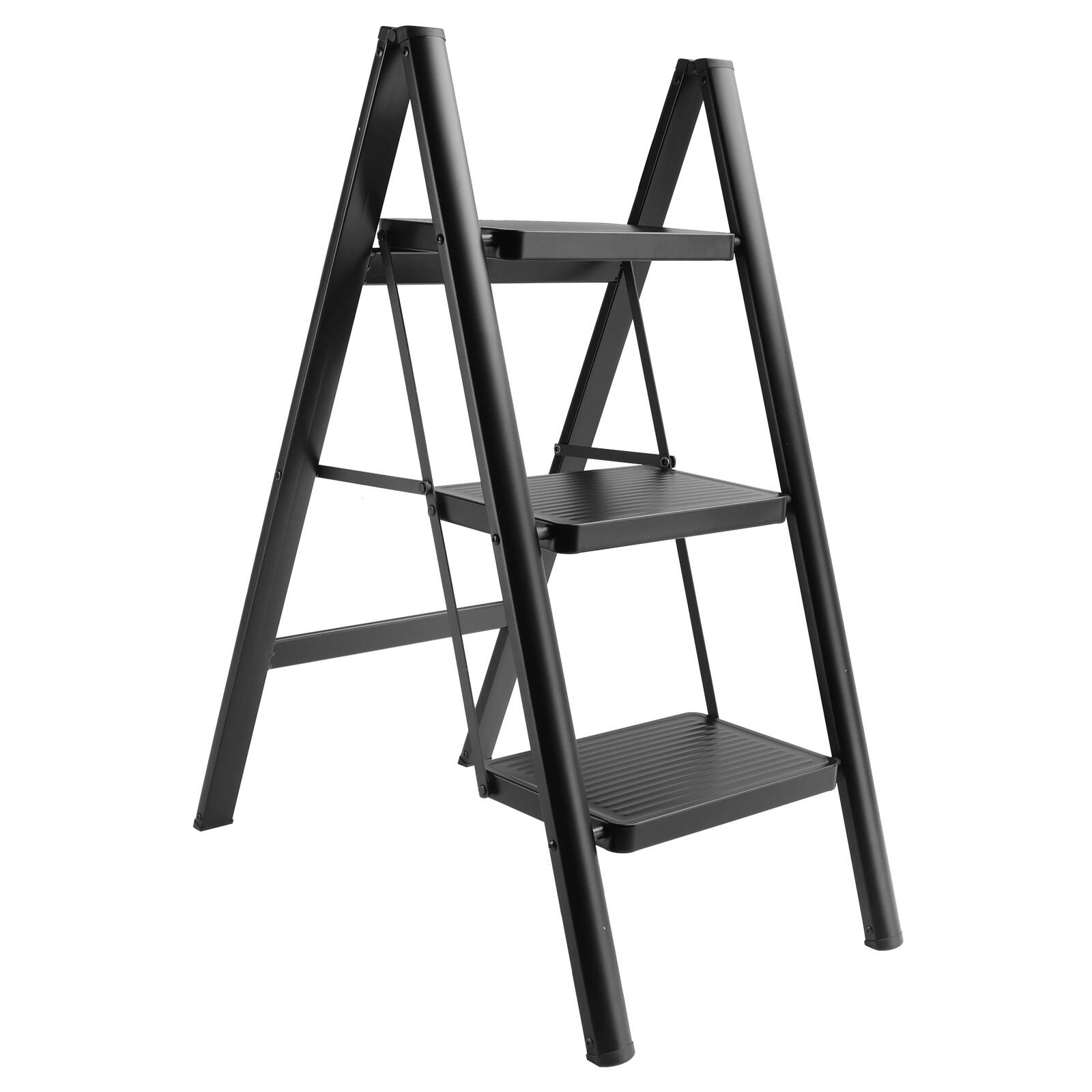 Angle. Topteng - 3-Tier Foldable Stepladder - Lightweight Aluminum, 330lb Load, Wide Anti-Slip Pedals, Black, for Home & Car Wash - Black.