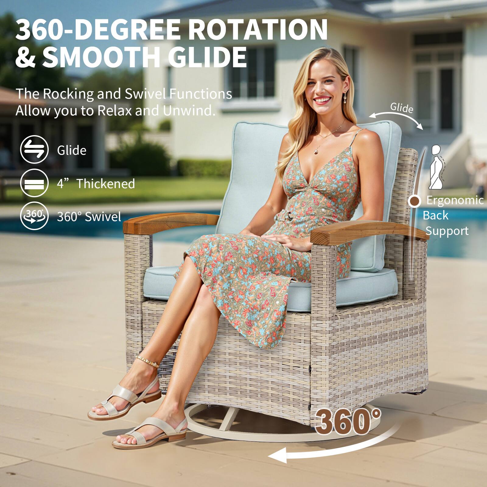 360-DEGREE ROTATION & SMOOTH GLIDE  
The Rocking and Swivel Functions Allow you to Relax and Unwind.  

- Glide  
- 4" Thickened  
- 360° Swivel  
- Ergonomic Back Support