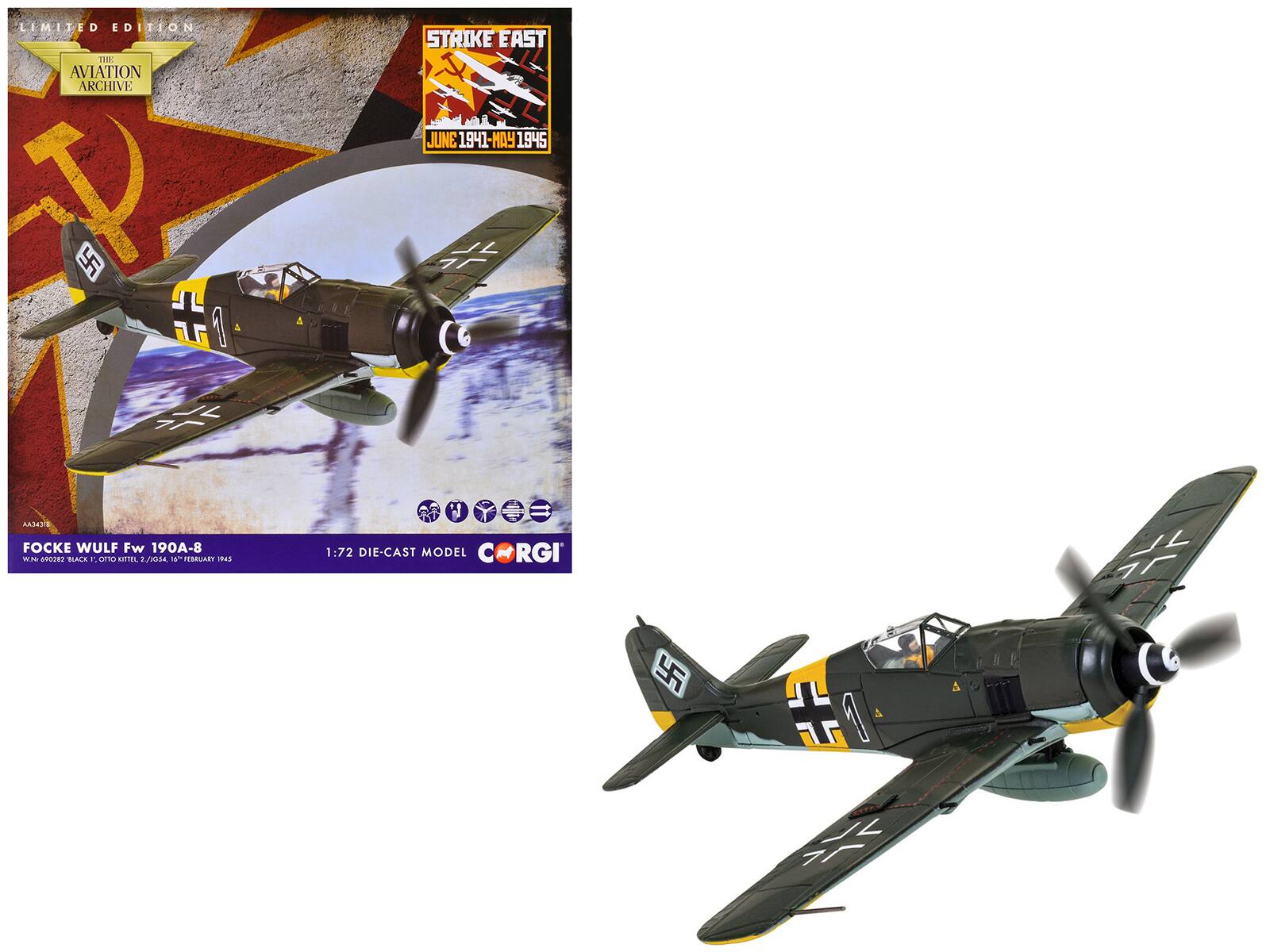 Corgi - Focke-Wulf Fw 190A-8 "Black 1 Oberleutnant Otto Kittel 2./JG54 1945" Luftwaffe Aviation Archive Series 1/72 - Multi