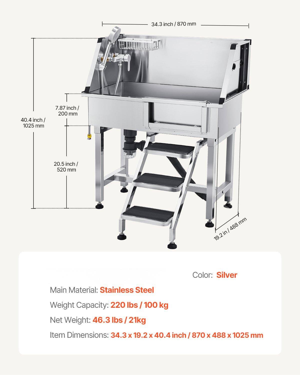 - 34.3 inch / 870 mm
- 40.4 inch / 1025 mm
- 7.87 inch / 200 mm
- 20.5 inch / 520 mm
- 19.2 inch / 488 mm

Color: Silver

Main Material: Stainless Steel

Weight Capacity: 220 lbs / 100 kg

Net Weight: 46.3 lbs / 21 kg

Item Dimensions: 34.3 x 19.2 x 40.4 inch / 870 x 488 x 1025 mm