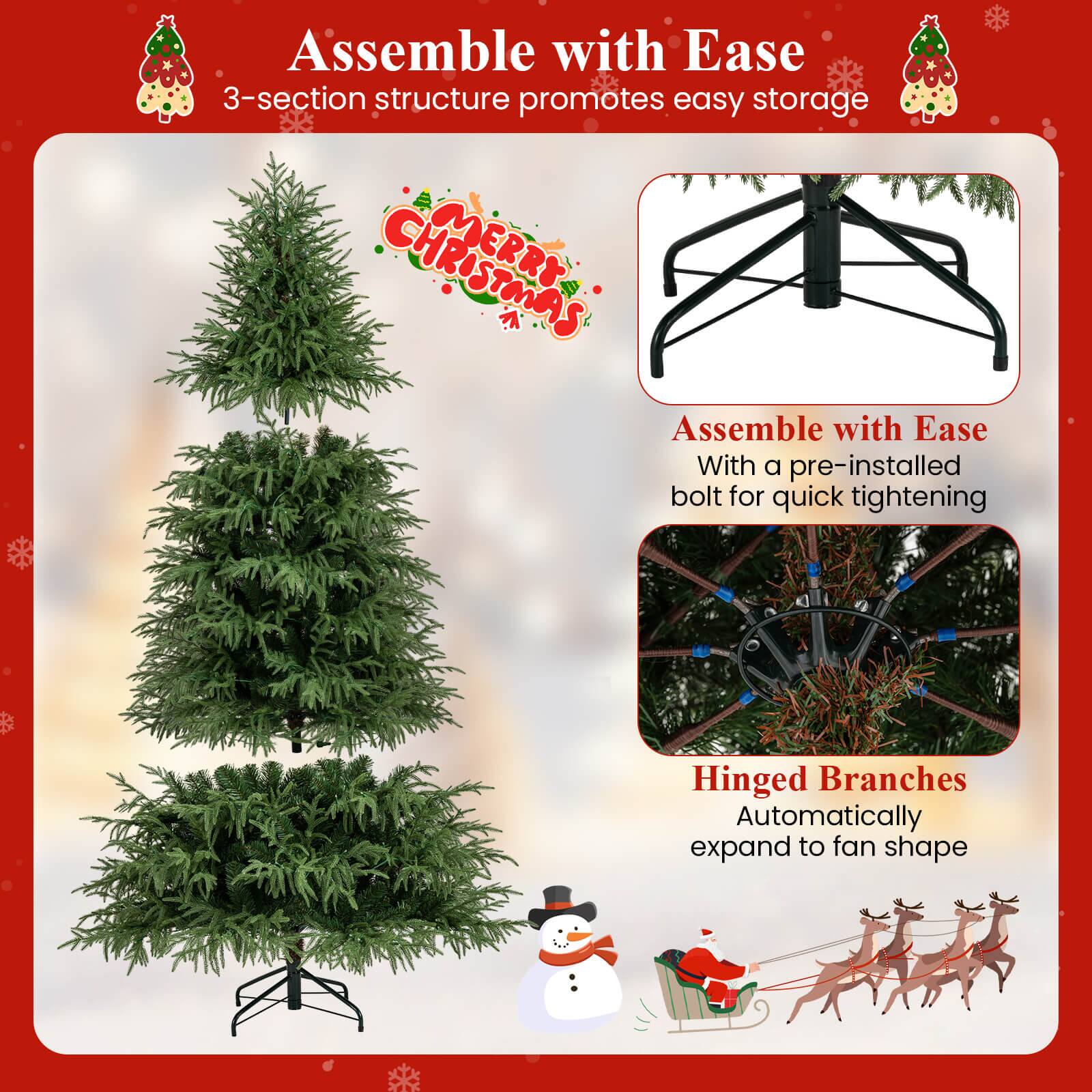 Assemble with Ease  
3-section structure promotes easy storage  

Assemble with Ease  
With a pre-installed bolt for quick tightening  

Hinged Branches  
Automatically expand to fan shape