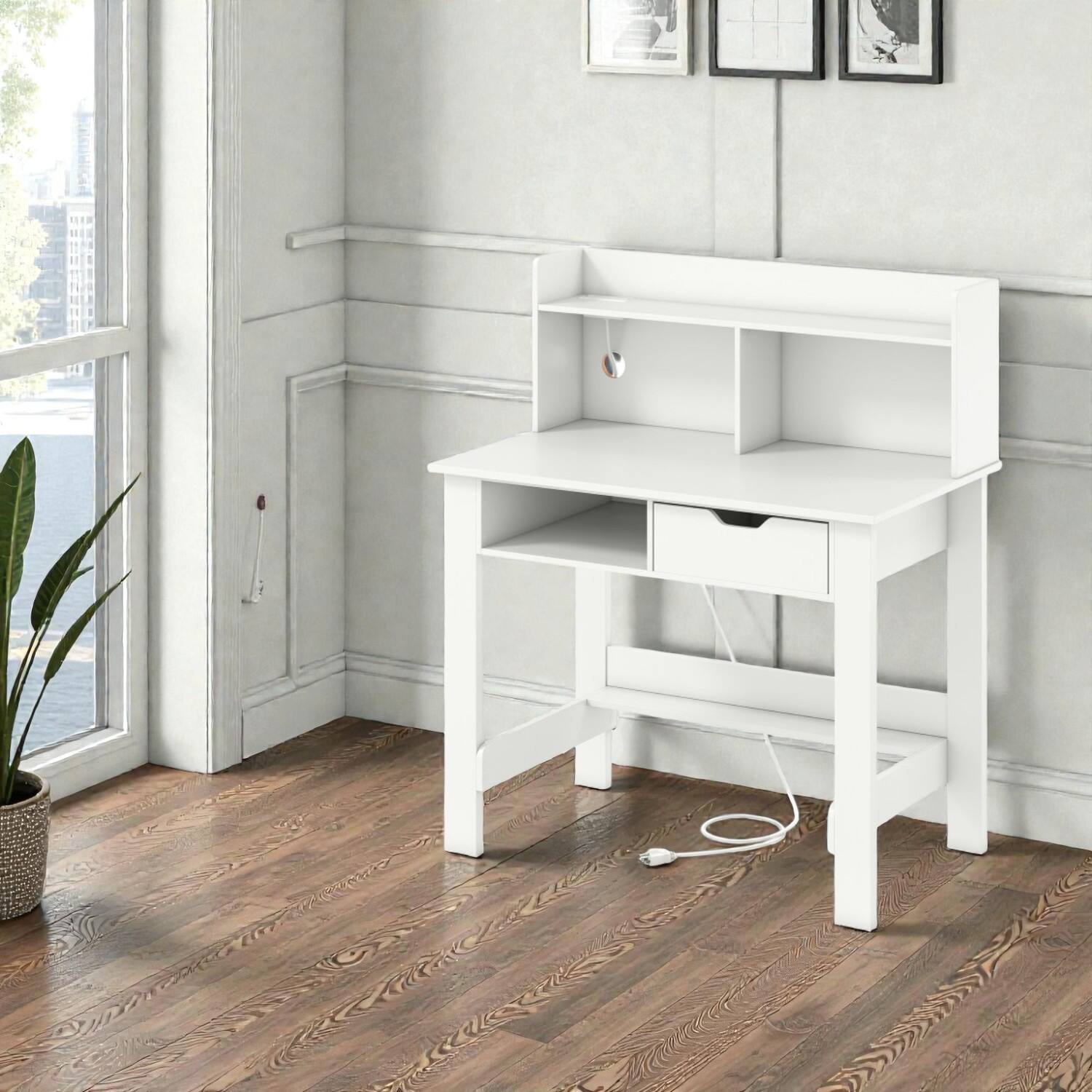 Front. Hivvago - Practical Work & Study Desk with Built-in Storage Shelves and Drawer - White.