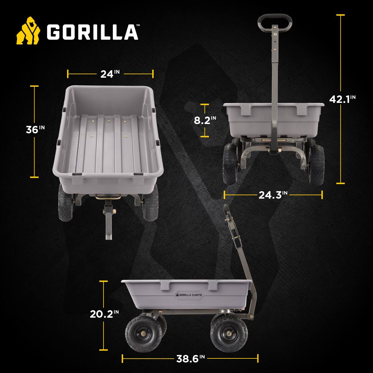 GORILLA  
24IN x 36IN  
8.2IN  
42.1IN  
GUBILLA CARTS  
20.2IN x 38.6IN