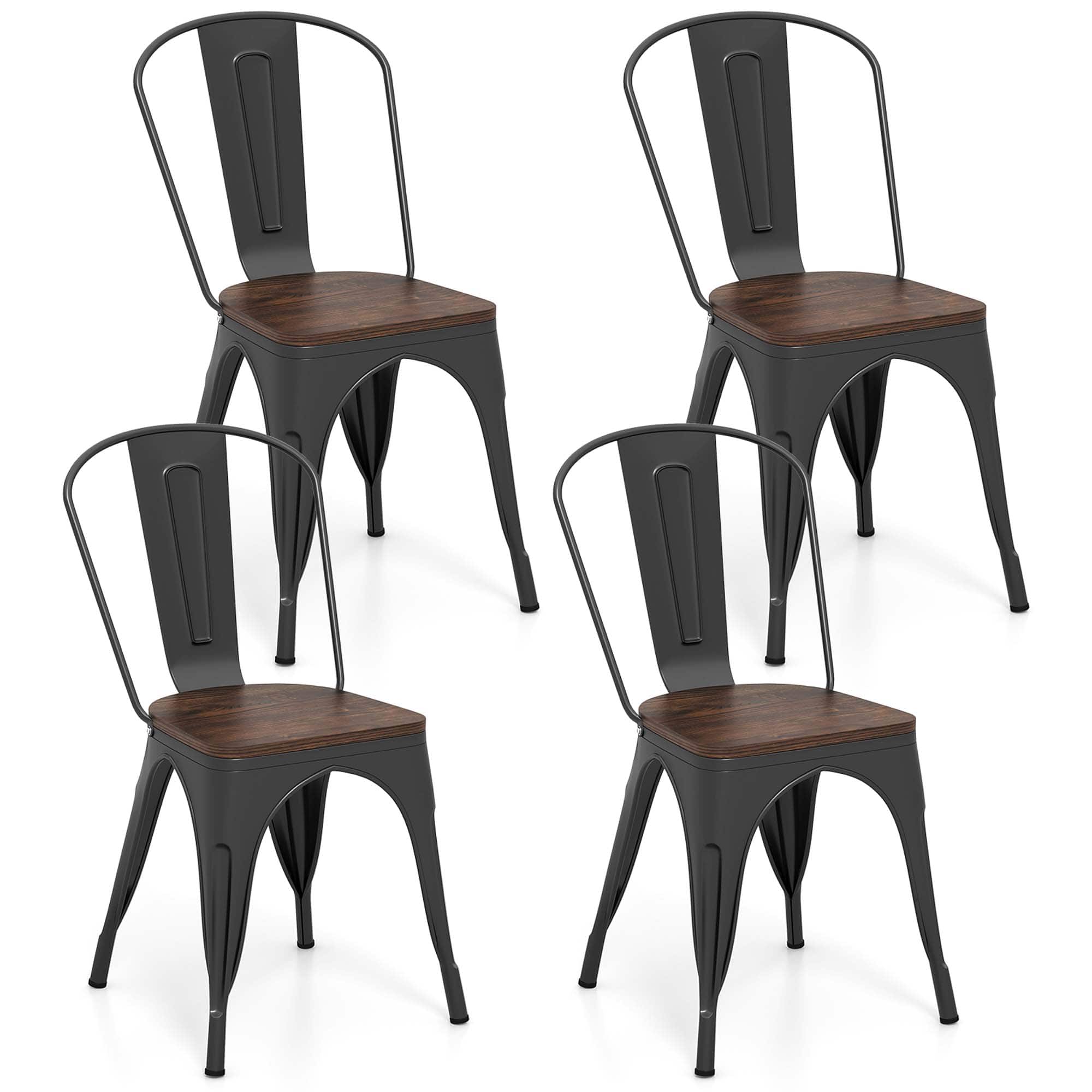 Gymax - Tolix Style Metal Dining Chairs Set of 4 w/ Wood Seat & Removable Backrest - Black