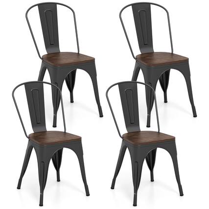 Front. Gymax - Gymax Tolix Style Metal Dining Chairs Set of 4 w/ Wood Seat & Removable Backrest Black - Black.