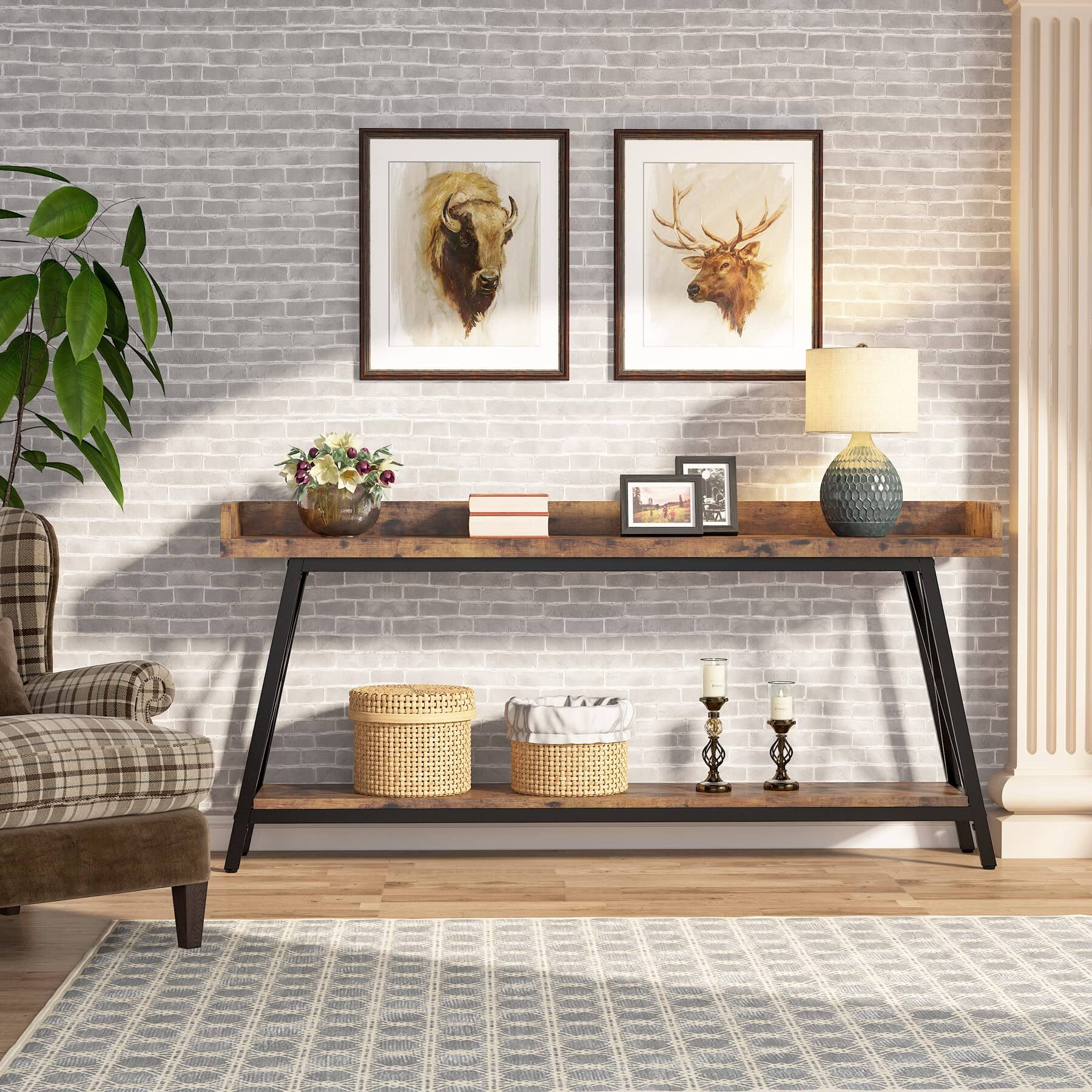 Back. Tribesigns - 70.9 inch Extra Long Console Table Behind Couch, Rustic Industrial Sofa Table for Living Room, Narrow Entryway Hallway L - Brown/Black.