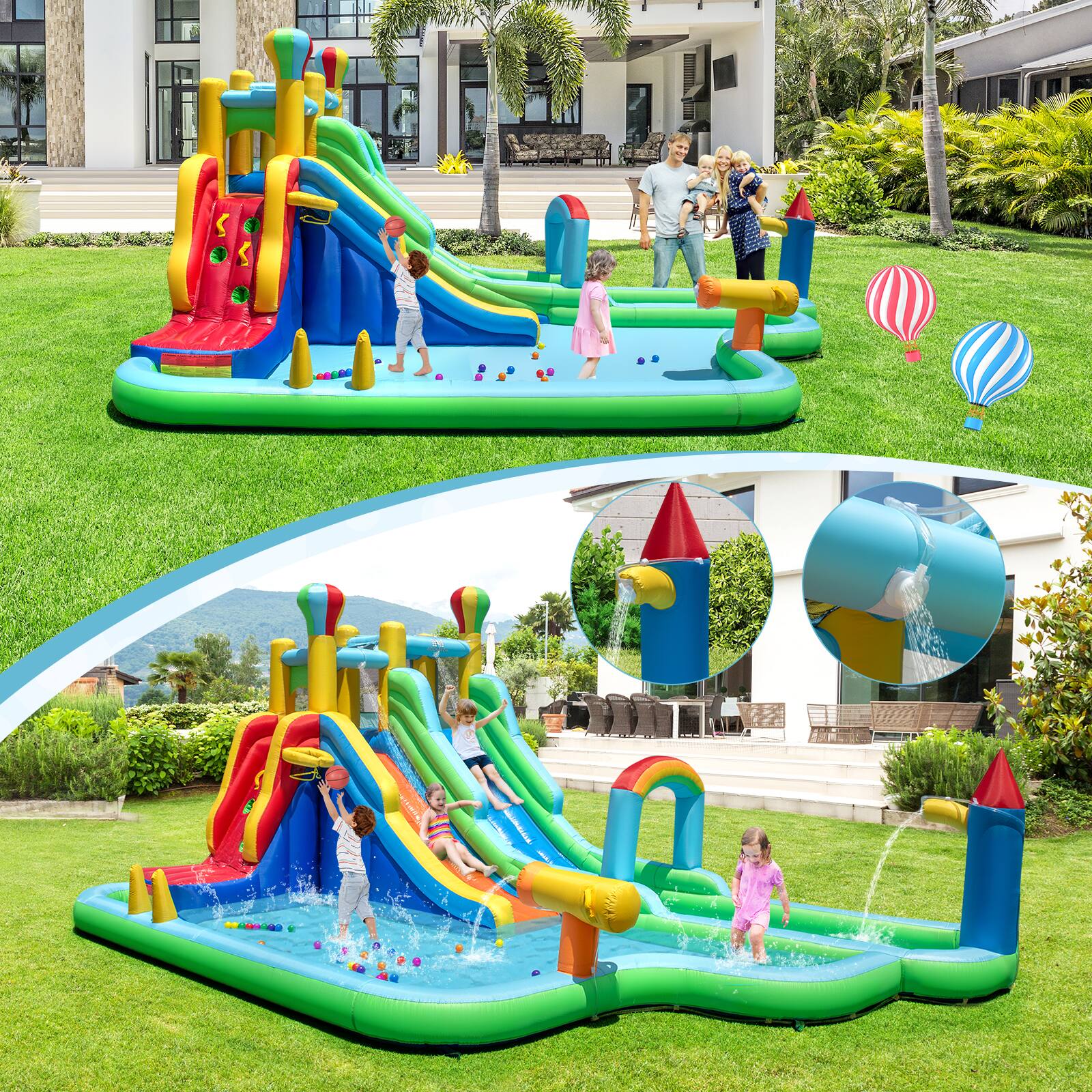 Alt View 7. Gymax - Gymax Inflatable Water Park w/Climbing Wall Basketball Rim Splash Pool Blower Excluded - MultiColor.