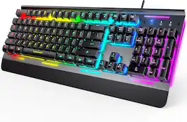 TECKNET - Wired Gaming Keyboard, 2.4G USB, 7-Color 4-Mode Backlit, Quiet, Full Size, Windows - Black