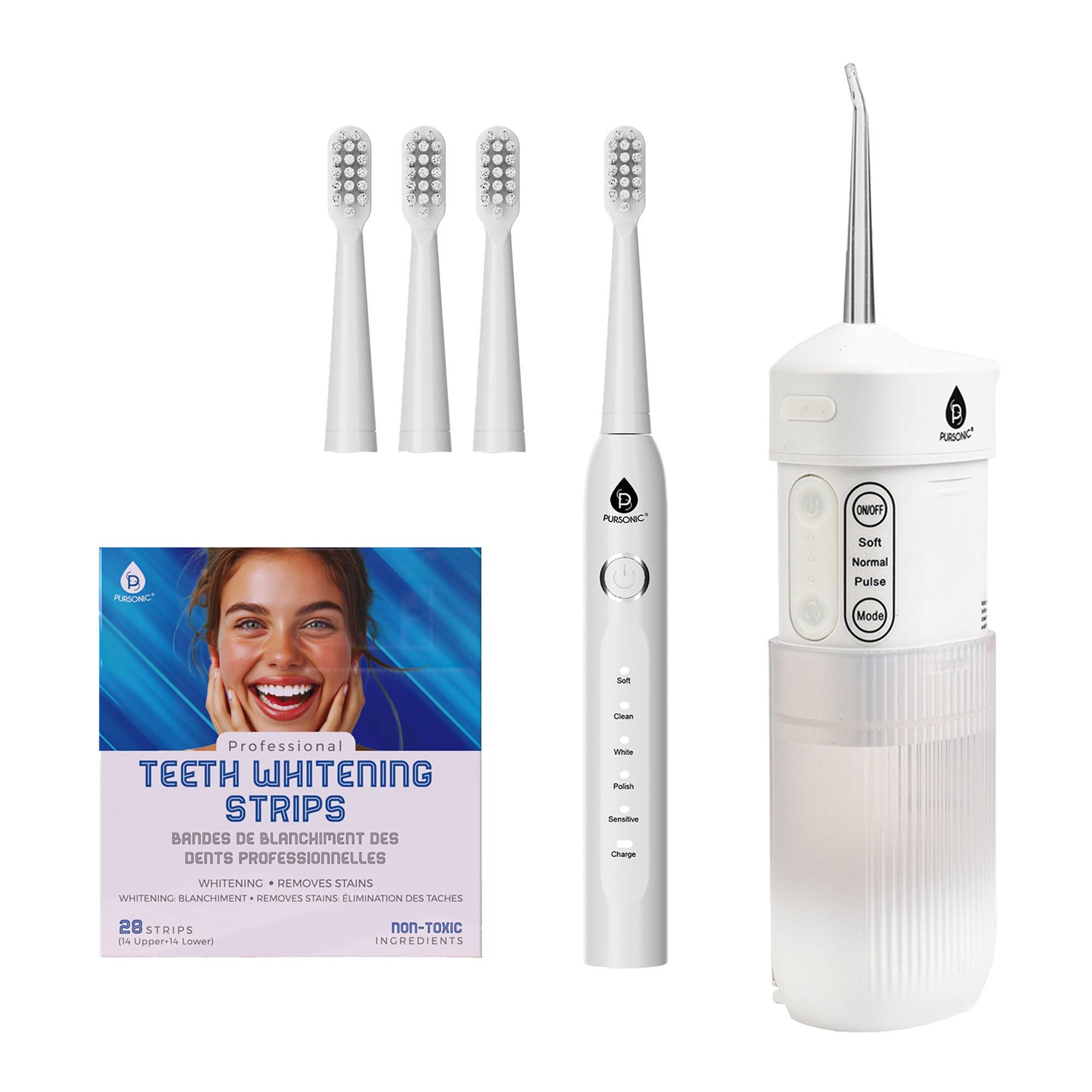 PURSONIC, ON/OFF, Soft, Normal Pulse Mode, Professional, TEETH WHITENING STRIPS, BANDES DE BLANCHIMENT DES DENTS PROFESSIONNELLES, WHITENING, REMOVES STAINS, 28 STRIPS, 14 Upper-14 Lower, non-TOXIC INGREDIENTS