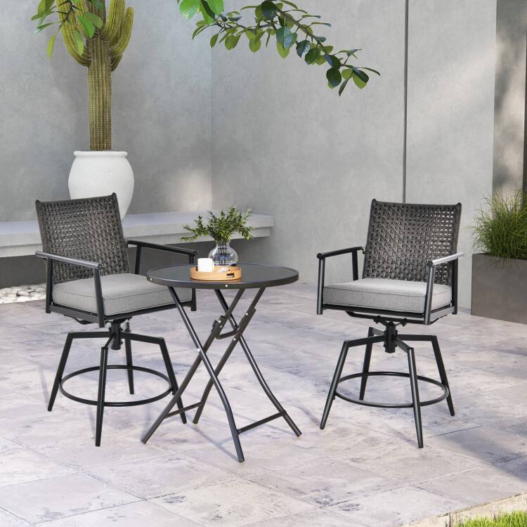 Left. Mondawe - Set of 2 360 Degree Swivel Bar Stool with Metal Frame and PE Rattan Backrest - Black.