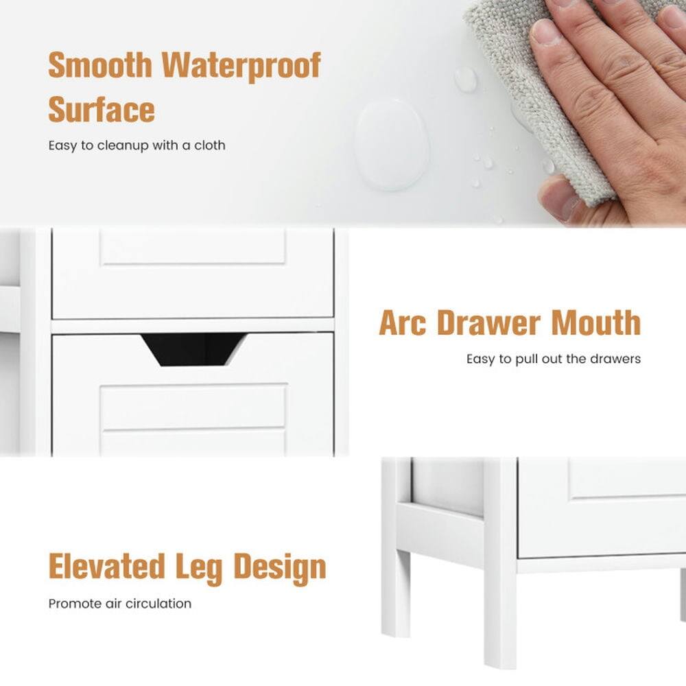 Smooth Waterproof Surface  
Easy to cleanup with a cloth  

Arc Drawer Mouth  
Easy to pull out the drawers  

Elevated Leg Design  
Promote air circulation