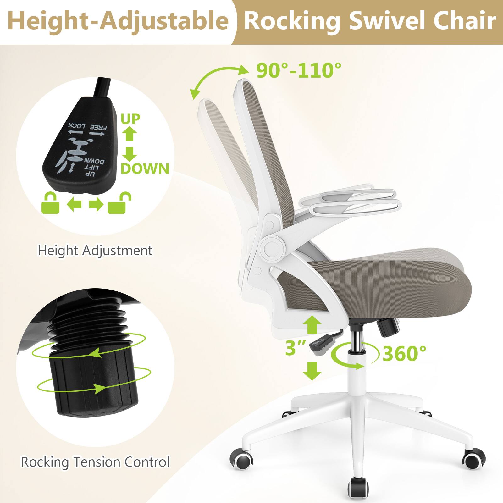 Height-Adjustable Rocking Swivel Chair

- Height Adjustment: UP DOWN
- Rocking Tension Control
- 90°-110°
- 3" Rocking
- 360° Swivel