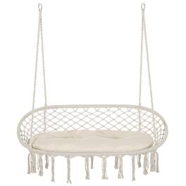 Outsunny - 2-Person Hammock Chair Macrame Swing with Soft Cushion, Hanging Cotton Rope Chair for Indoor Outdoor Home Patio - Cream White