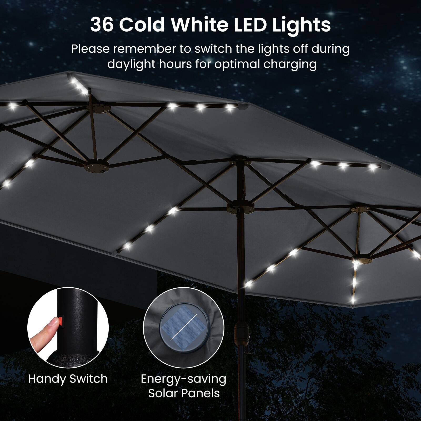 36 Cold White LED Lights  
Please remember to switch the lights off during daylight hours for optimal charging  

Handy Switch  
Energy-saving Solar Panels