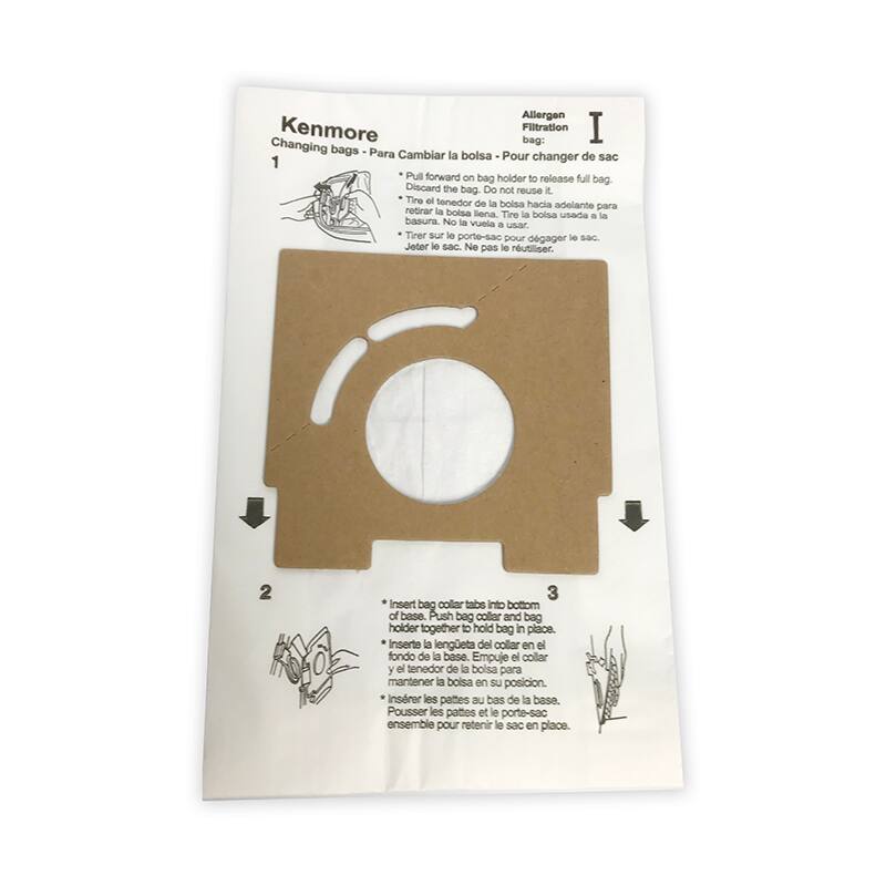 **Kenmore**

**Changing bags - Para Cambiar la bolsa - Pour changer de sac**

**1. Discard the bag. Do not reuse.**
- Pull forward on bag holder to release full bag.
- Discard the bag. Do not reuse.
- Tire la tenedor de la bolsa hacia adelante para retirar la bolsa llena. Tire la bolsa usada a la basura. No la vuelva a usar.
- Jeter le sac. Ne pas le réutiliser.

**2. Insert bag collar tabs into bottom of base.**
- Push bag collar and bag holder together to hold bag in place.
- Inserte la lengüeta del collar en el fondo de la base. Empuje el collar y el tenedor de la bolsa para mantener la bolsa en su posición.
- Insérer les pattes au bas de la base. Pousser les pattes et le porte-sac ensemble pour retenir le sac en place.

**3. Push bag collar and bag holder together to hold bag in place.**
- Empuje el collar y el tenedor de la bolsa para mantener la bolsa en su posición.
- Pousser les pattes et le porte-sac ensemble pour