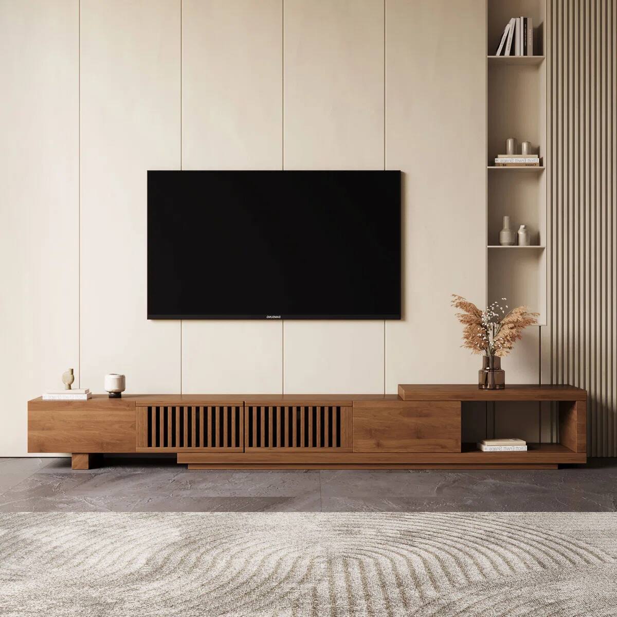 Front. luck idea - Retractable Walnut TV Stand, Media Console with Drawers, Cabinets & Cable Holes, Entertainment Center for TVs Up to 100" - brown.