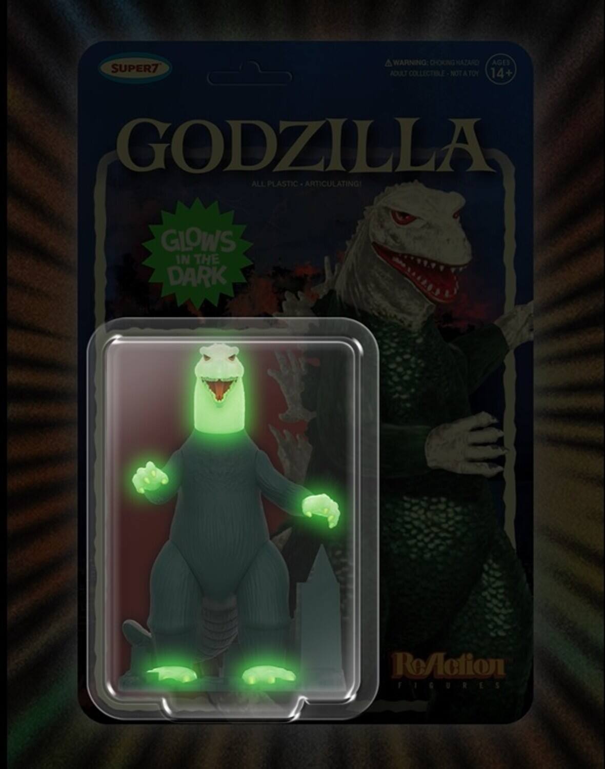 SUPER7 WARNING CHOKING HAZARD AGES 14+ ADULT COLLECTIBLE NOT A TOY GODZILLA ALL PLASTIC ARTICULATING! GLOWS IN THE DARK ACTION FIGURES