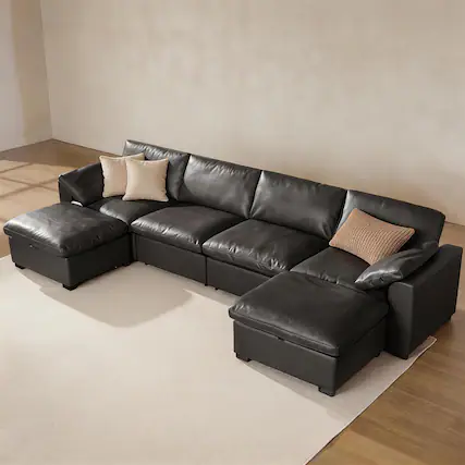 Front. Dyonery - 160-inch oversized modular sectional sofa, U-shaped sofa with storage bench, down-filled, solid wood frame,Black - Black.