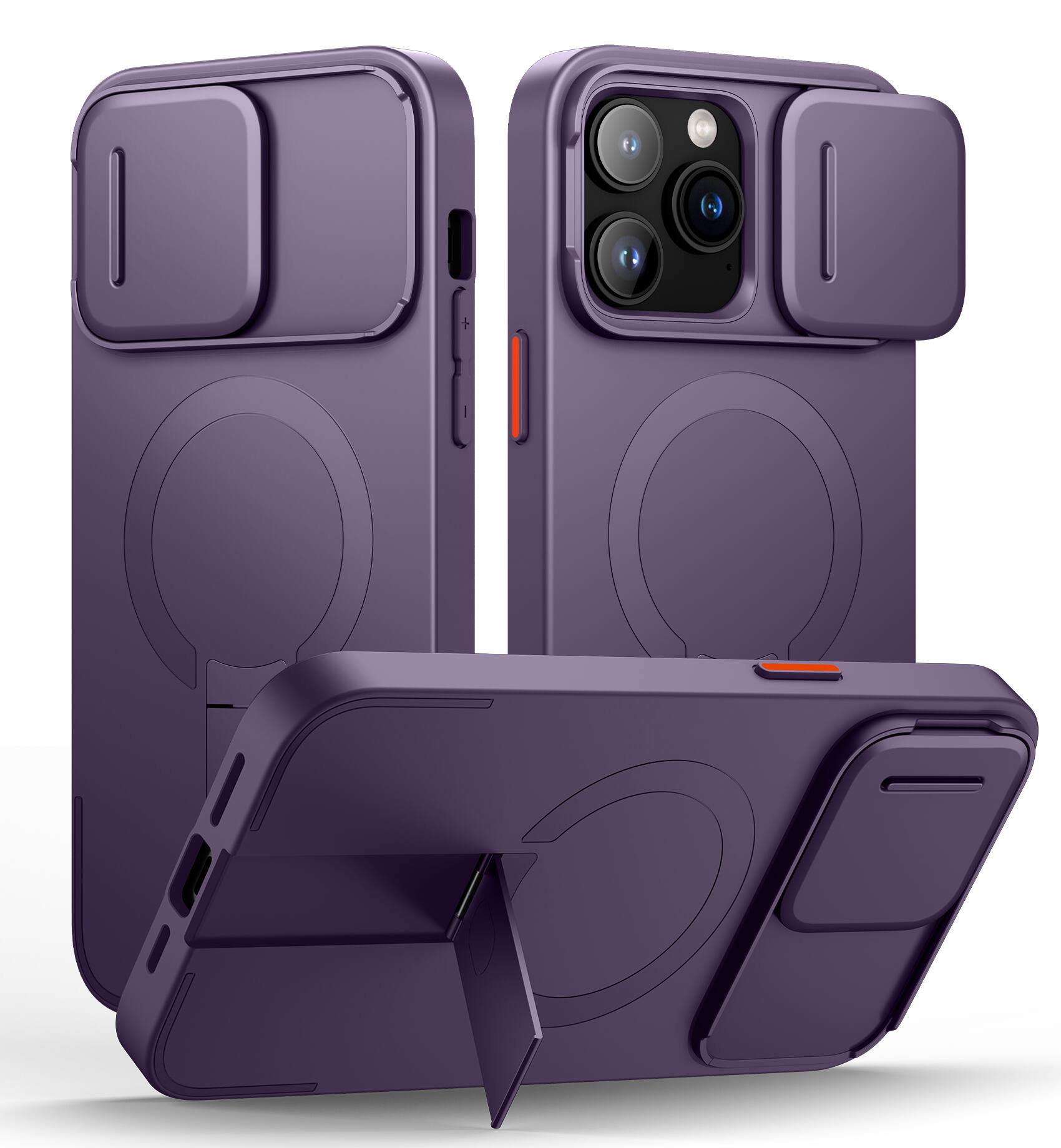 Angle. SURITCH - Bumper Case for iPhone 14 Pro Max with Camera Cover, Kickstand,Compatible with MagSafe, Shockproof Slim Protective Cover - Dark Purple.