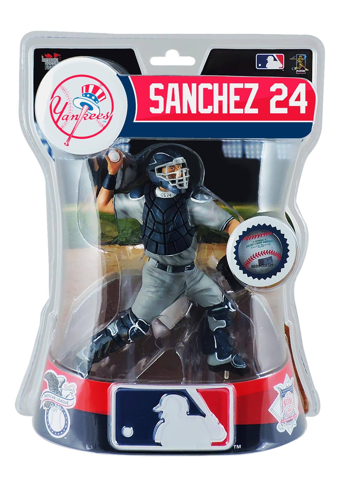 Sure, here is the corrected and grouped text from the image:

---

**Top Left:**
- "Yankees"

**Top Right:**
- "SANCHEZ 24"

**Bottom Left:**
- "AMERICAN LEAGUE"

**Bottom Right:**
- "AMERICAN LEAGUE"

**Baseball Card:**
- "BB88508329"

**Other Text:**
- "GS24"

---

This should cover all the visible text elements in the image.