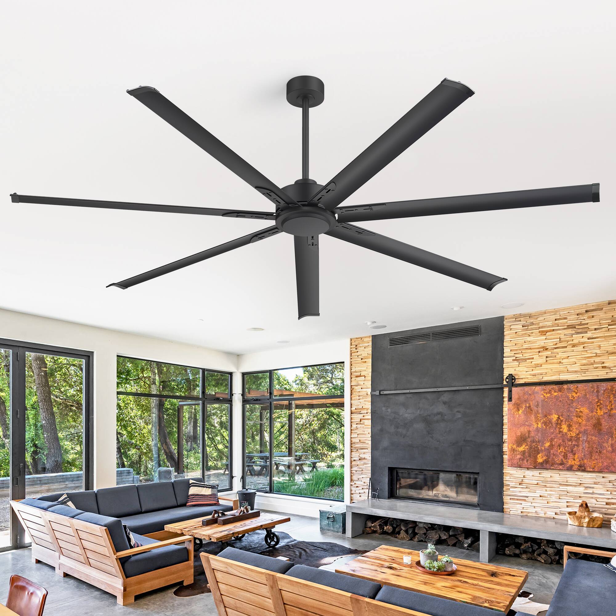 Angle. Breezary - 84-Inch Large Quiet Industrial Ceiling Fan with DC Motor, 7 Aluminum Blades, Remote Control, Downrod Mount, 6 Speeds - Black.