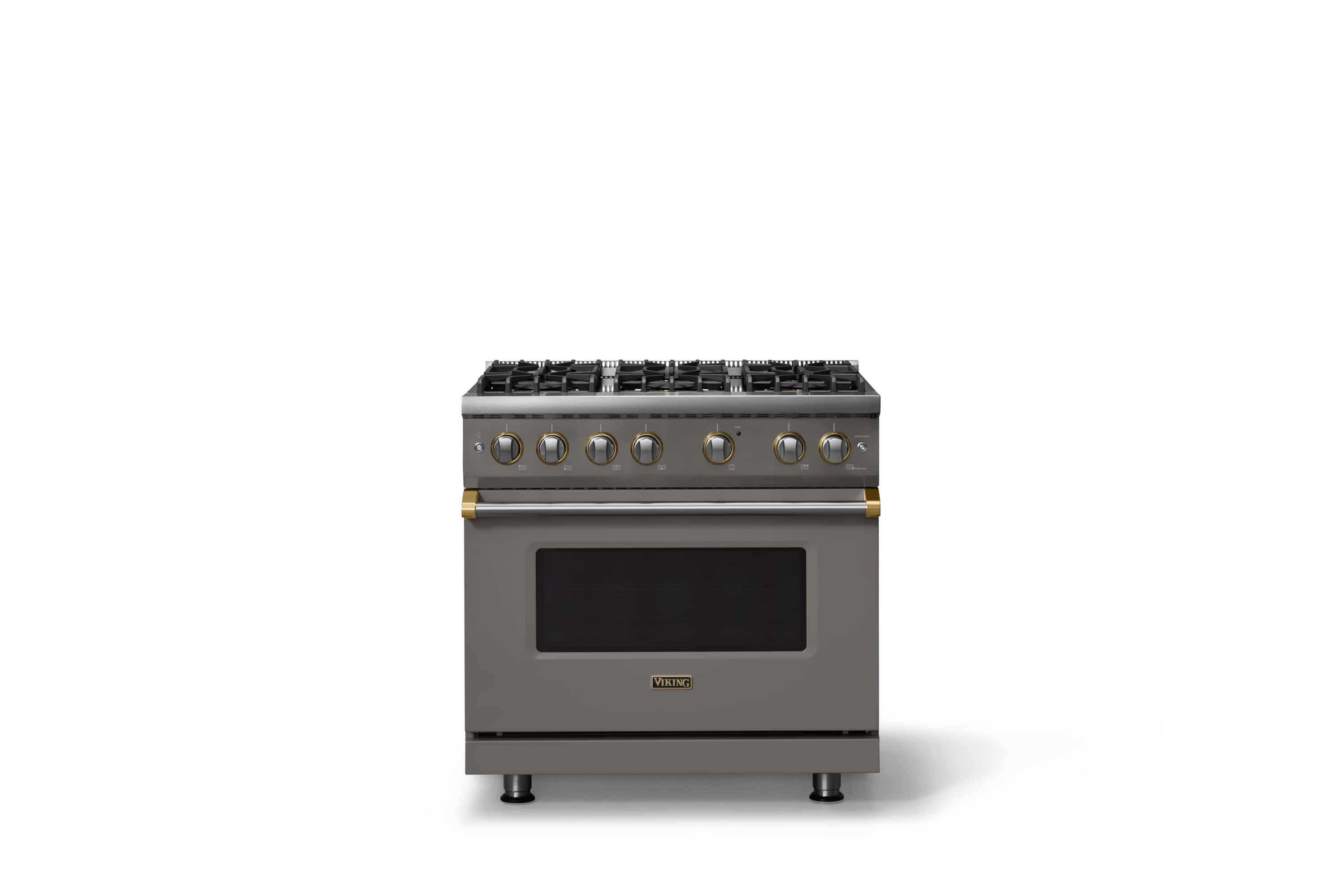 Front. Viking - 36 in. Wide 6 Burner Pro 5 Series 5.1 Cu. Ft. Freestanding Propane Gas Convection Range with Brushed Brass Trim - Damascus Gray.