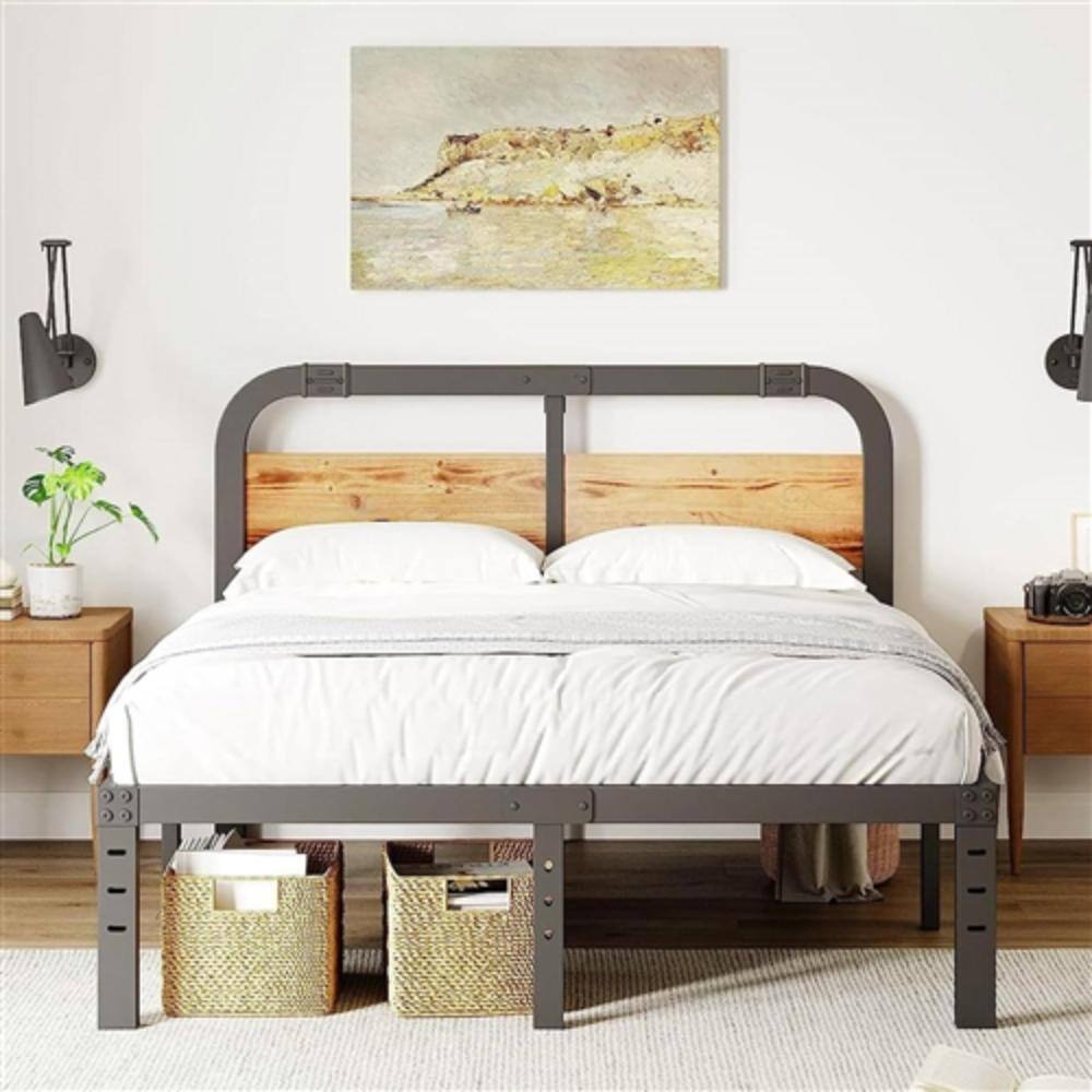 Angle. Hivvago - King Heavy Duty Black Metal Bed Frame with Solid Wood Panel Headboard - Black.