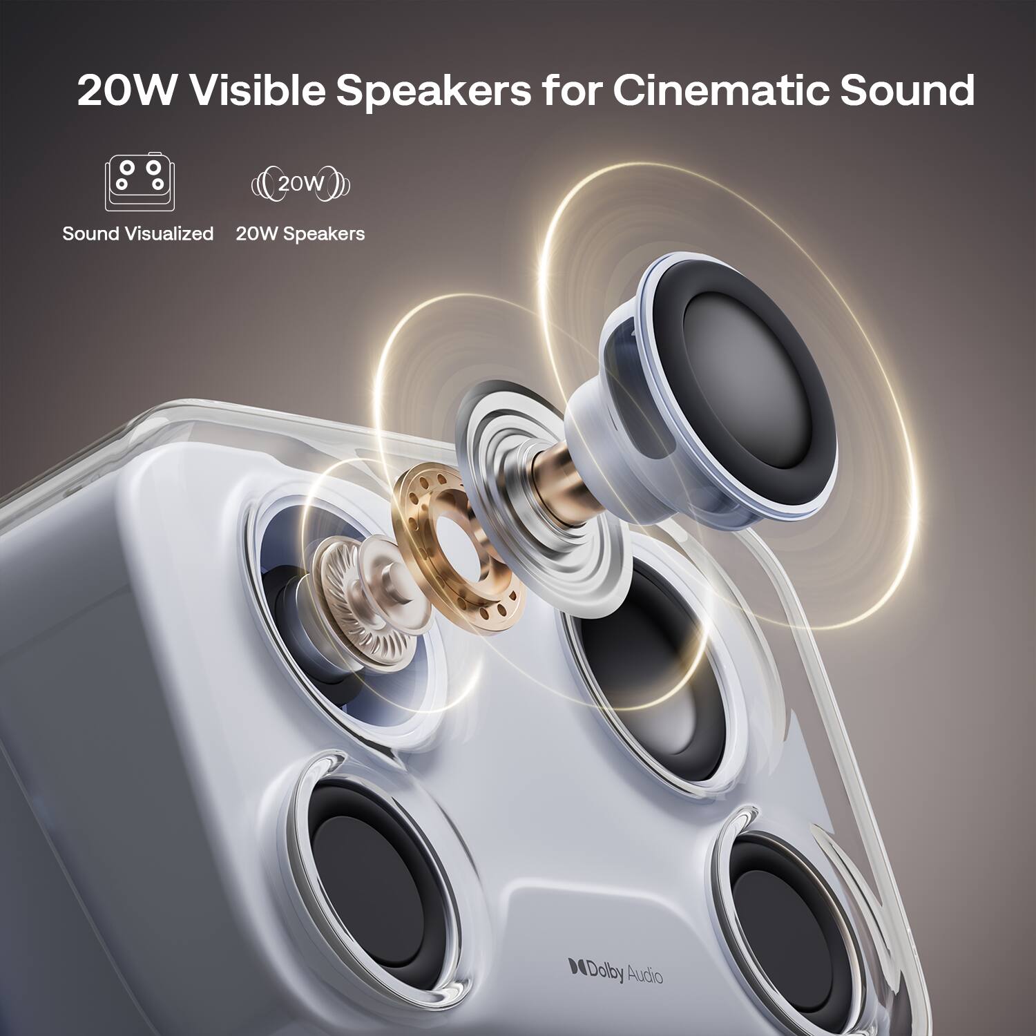 20W Visible Speakers for Cinematic Sound

Sound Visualized  
20W Speakers  
Dolby Audio