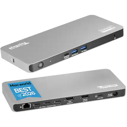 DisplayLink W NA - - -S plugable f uSe 100p USE 10hgs 30W PD -E 1ins Macworld BEST of 2026 3 a & Video 10Ghps + DisplayLink USE 2 HOME DisplayLink 1 HOMI Ex Al Mode V plugable 060 218.58A FD $ NOW