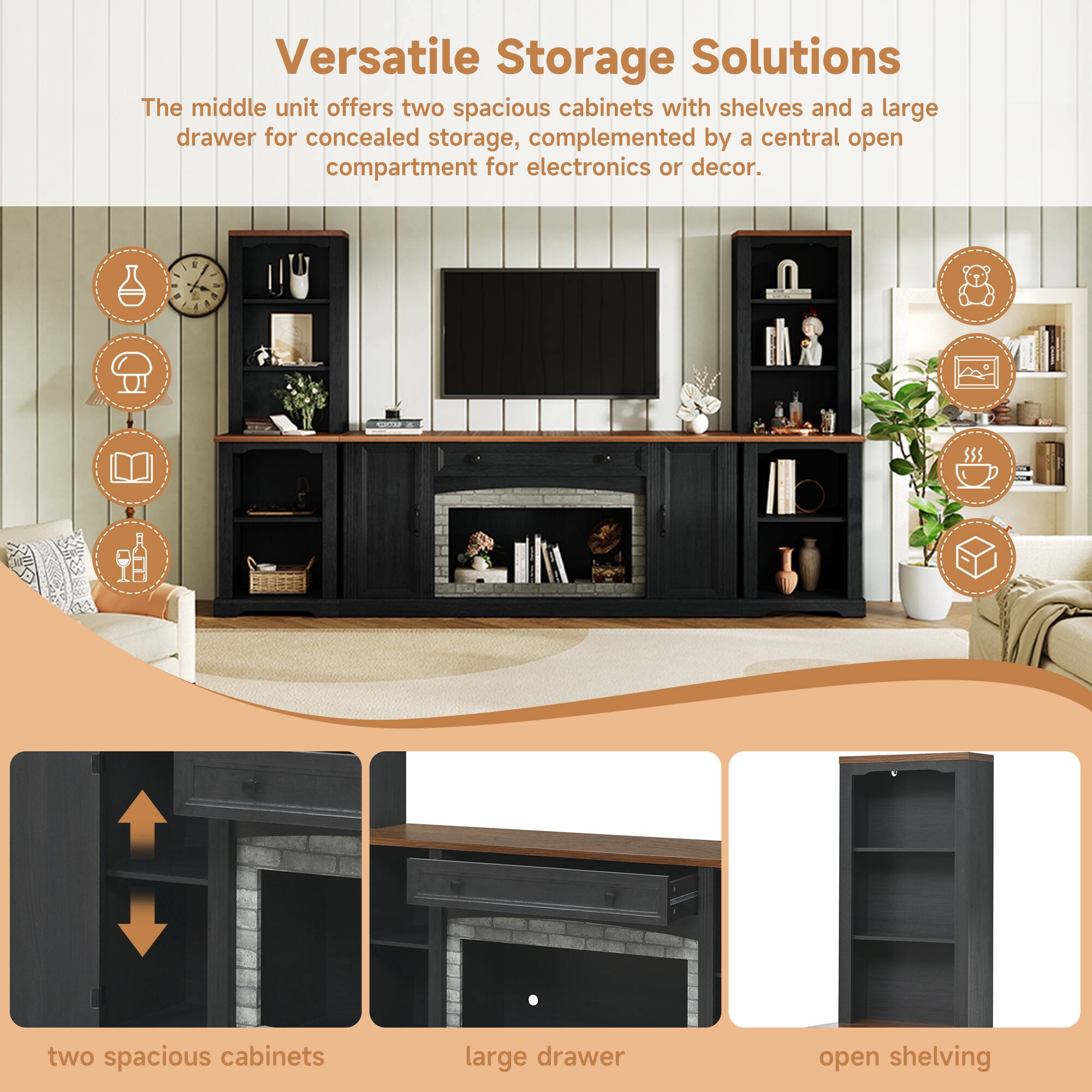 Versatile Storage Solutions

The middle unit offers two spacious cabinets with shelves and a large drawer for concealed storage, complemented by a central open compartment for electronics or decor.

- two spacious cabinets
- large drawer
- open shelving