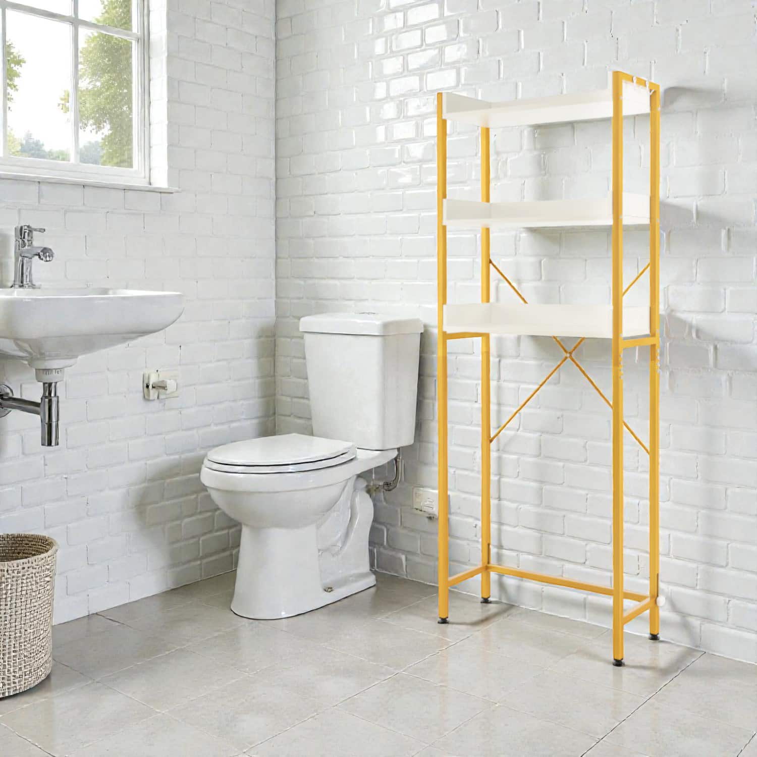 Hivvago - Freestanding Over-Toilet Storage Shelf with Hooks and Adjustable Base - White