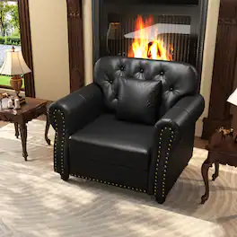 Ropilly - Black Faux Leather Sofa, Chesterfield Style Button Tufted Accent Chair with Pillow - Black